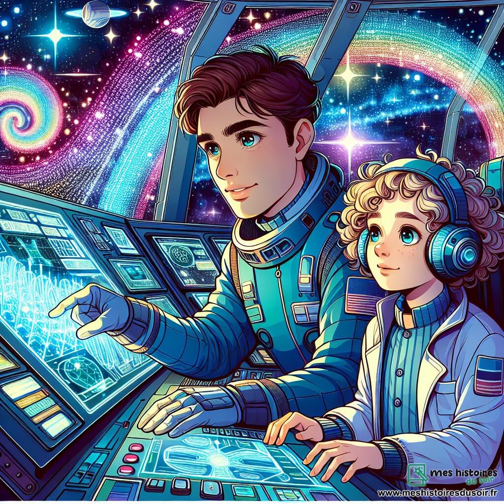 Une illustration sous forme de dessin destinée aux enfants représentant un vaisseau spatial futuriste, l'Astral 7, flottant dans l'immensité de l'espace, avec un homme aux cheveux bruns et aux yeux pétillants, vêtu d'une combinaison d'astronaute bleue, penché sur un tableau de contrôle, tandis qu'une jeune fille aux cheveux blonds et bouclés, portant une blouse de scientifique, observe des écrans avec émerveillement ; ensemble, ils tentent de déchiffrer un phénomène cosmique mystérieux, une pulsation lumineuse colorée, qui émet des ondes d'énergie vibrantes, symbolisant l'inconnu et l'aventure de l'exploration spatiale.