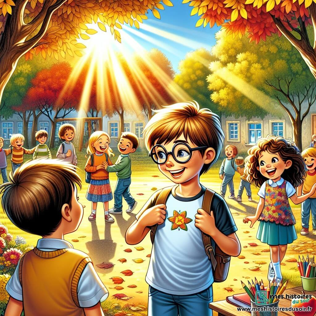 Illustration destinée aux enfants représentant une cour d'école ensoleillée, entourée d'arbres aux feuilles dorées et rouges, où des enfants rient et jouent. Au centre, un garçon de 11 ans avec des cheveux châtains et des lunettes, portant un t-shirt bleu avec une étoile brodée, sourit en se présentant à un groupe d'enfants. À ses côtés, une fille aux cheveux bouclés et bruns, vêtue d'une robe colorée, l'encourage avec un grand sourire, tandis qu'un garçon à lunettes, un peu plus grand, rit en écoutant leur conversation. La scène capture l'excitation et l'appréhension de la rentrée scolaire, avec des crayons et des livres éparpillés sur le sol, et une atmosphère de camaraderie et de découverte.