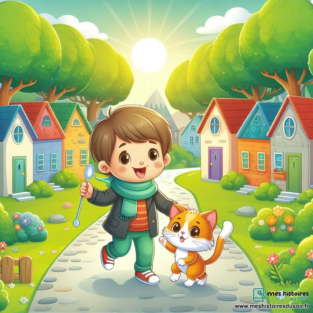 Une illustration destinée aux enfants représentant un petit garçon joyeux et curieux traversant une épreuve de maladie, accompagné d'un adorable chaton, dans un village aux maisons colorées, bordé d'arbres verdoyants et baigné par un doux soleil.