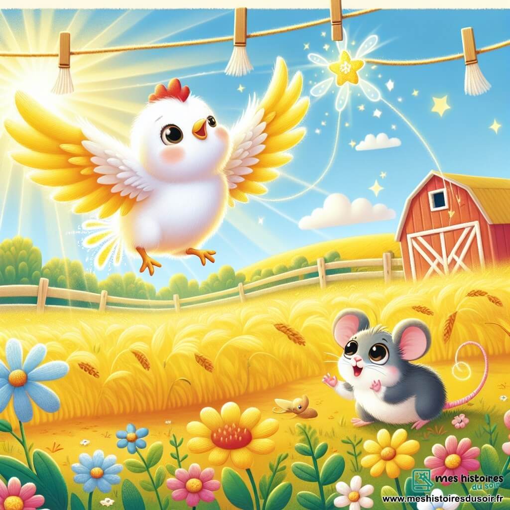 Une illustration sous forme de dessin destinée aux enfants représentant une ferme ensoleillée avec des champs dorés et des fleurs colorées, où une petite poule aux plumes blanches et brillantes, avec un air curieux, flotte joyeusement dans les airs grâce à une plume scintillante, tandis qu'en bas, une petite souris grise aux grands yeux ronds l'observe avec émerveillement, le tout baigné dans une atmosphère magique et joyeuse, illustrant le moment où la poule découvre sa capacité à voler.