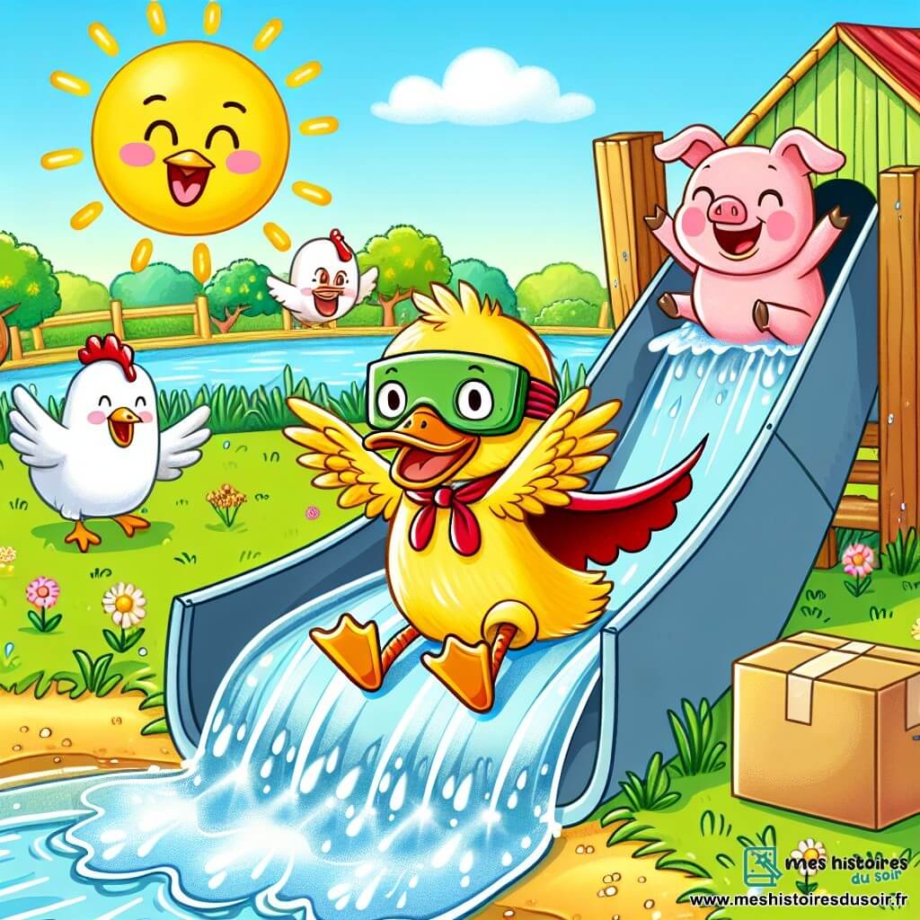 Une illustration sous forme de dessin destinée aux enfants représentant une ferme ensoleillée avec des champs verdoyants et un étang scintillant, où un canard à la plume jaune éclatante, portant une cape rouge et un masque en carton, glisse joyeusement sur une grande glissade improvisée faite de seaux d'eau, tandis qu'une poule rieuse aux plumes blanches et un cochon rose au ventre rebondi applaudissent et s'amusent autour d'eux, créant une ambiance festive remplie de rires et de joie.