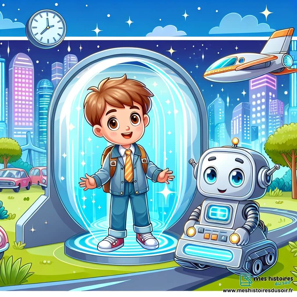 Une illustration destinée aux enfants représentant un jeune garçon curieux et aventurier, transporté dans le futur grâce à une mystérieuse machine à voyager dans le temps, accompagné d'un petit robot sympathique, dans un parc futuriste avec des bâtiments scintillants et des voitures volantes.