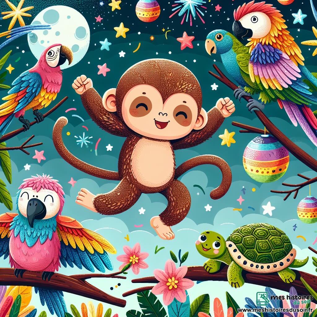 Une illustration sous forme de dessin destinée aux enfants représentant un zoo coloré sous un ciel étoilé, avec un petit singe espiègle au pelage brun tacheté, sautant joyeusement d'une branche à l'autre, entouré de ses amis : un perroquet flamboyant aux plumes vives qui vole en cercle, un paresseux accroché à une branche avec un sourire paresseux, et une tortue au regard malicieux, tous réunis pour célébrer un grand concours de danse, avec des objets brillants scintillant autour d'eux, créant une ambiance festive et joyeuse.