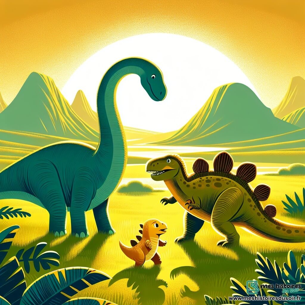 Une illustration destinée aux enfants représentant un élégant diplodocus mâle, confronté à un tyrannosaure menaçant, accompagné d'un joyeux stégosaure bébé, dans les vastes plaines verdoyantes baignées d'une lumière dorée.