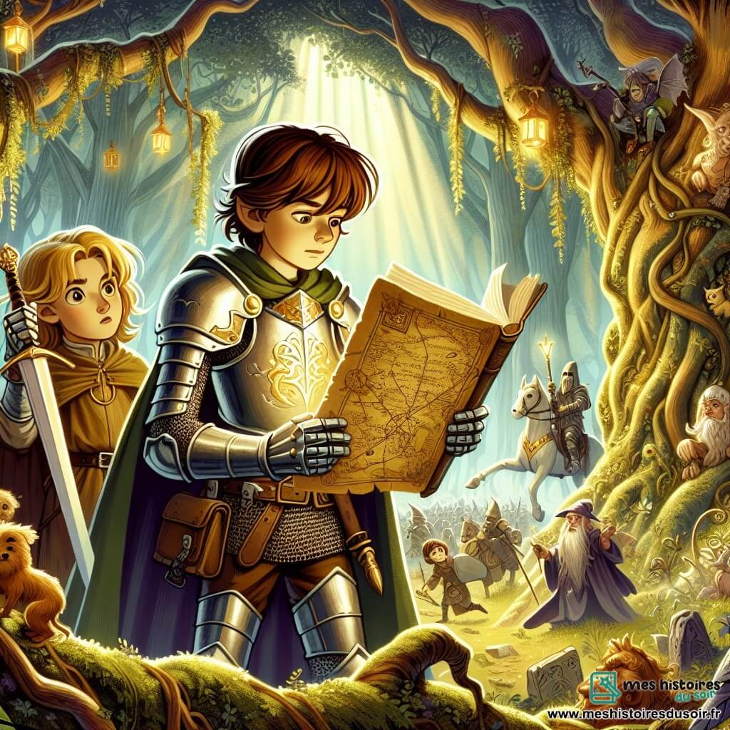 Une illustration sous forme de dessin destinée aux enfants représentant une vaste forêt enchantée, avec des arbres majestueux aux troncs noueux et une lumière douce filtrant à travers le feuillage, au centre un jeune chevalier courageux, un garçon aux cheveux châtains et à l'armure scintillante, brandissant une épée avec détermination, tandis qu'à ses côtés se tient une jeune fille aux cheveux d'or, Lila, regardant une carte ancienne avec une expression concentrée, tous deux prêts à affronter un sorcier maléfique pour récupérer la Gemme de Lumière volée, avec des créatures fantastiques en arrière-plan, ajoutant une touche de magie à cette scène d'aventure.