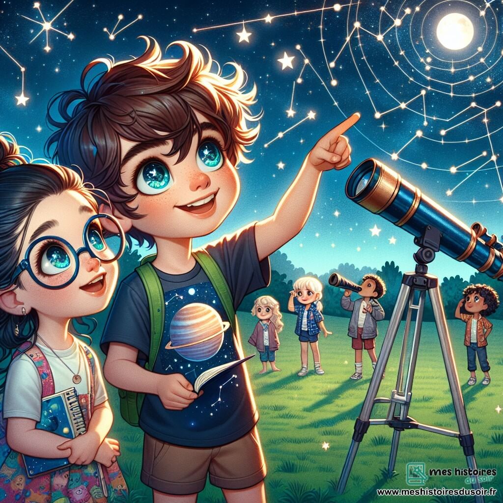 Illustration d'une soirée d'observation des étoiles sur le terrain d'une école. Le ciel bleu est rempli d'étoiles et d'une lune brillante, avec des télescopes sur l'herbe. Un garçon de 11 ans, cheveux châtains en bataille et sourire éclatant, porte un t-shirt à motifs de planètes. Il tient un livre d'astronomie et pointe une constellation. À côté, une fille de 10 ans, cheveux longs et bouclés, en robe colorée et lunettes, l'écoute avec émerveillement, carnet et crayon en main. D'autres enfants de différents âges s'assemblent, certains observant les télescopes, d'autres discutant des étoiles. L'atmosphère est joyeuse et collaborative, mettant en avant l'égalité des genres et la passion pour l'astronomie, avec des affiches colorées sur les planètes et constellations.