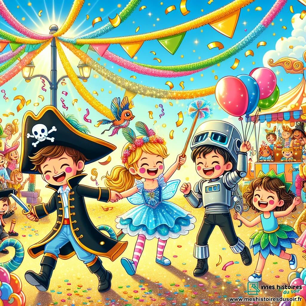 Illustration destinée aux enfants représentant un carnaval coloré dans un parc ensoleillé, rempli de guirlandes multicolores, de ballons flottants et de stands de friandises. Au premier plan, un groupe d'enfants de 7 ans : un garçon aux cheveux bruns en costume de pirate, brandissant une épée en plastique, une fille aux cheveux blonds déguisée en fée avec des ailes scintillantes, un garçon en robot avec des boîtes en carton argentées, et une fille en chat noir avec des moustaches dessinées. Ils rient ensemble, entourés de confettis dorés tombant du ciel, tandis qu'un char en forme de dragon crache des éclats de couleurs derrière eux, créant une atmosphère de joie et d'aventure.