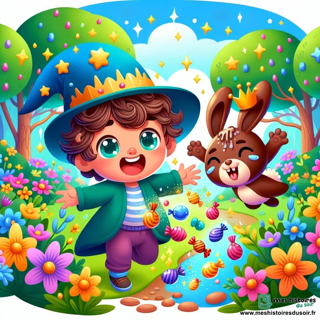 Une illustration sous forme de dessin destinée aux enfants représentant une clairière enchantée, remplie de fleurs colorées et d'arbres aux feuilles scintillantes, où un garçon d'un an aux cheveux bouclés et aux yeux pétillants, portant un chapeau magique, rit joyeusement en faisant apparaître une pluie de bonbons, tandis qu'un lapin en chocolat avec une couronne, aux grandes oreilles et au sourire amusé, saute autour de lui, essayant d'attraper les bonbons pour sauver sa couronne fondante.