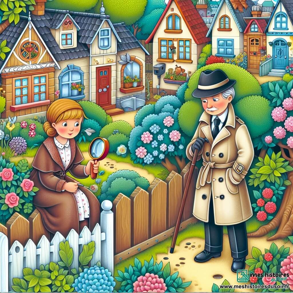 Une illustration destinée aux enfants représentant un détective astucieux, vêtu d'un imperméable beige et d'un chapeau noir, résolvant un mystère passionnant avec l'aide d'une dame élégante, dans un petit village pittoresque entouré de maisons colorées, de jardins fleuris et d'une charmante clôture en bois.