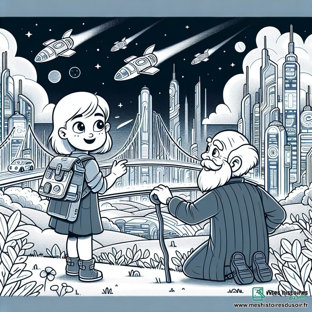 Une illustration destinée aux enfants représentant une fillette curieuse se retrouvant dans une cité futuriste, accompagnée d'un sage vieil homme, dans la ville de Lumière-Ciel, aux bâtiments futuristes et aux voitures volantes.