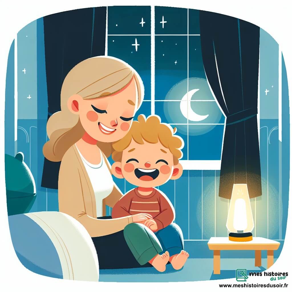 Une illustration destinée aux enfants représentant un petit garçon au sourire éclatant, confronté à sa peur du noir, accompagné de sa douce maman, dans une chambre chaleureuse éclairée par une douce lueur de veilleuse.
