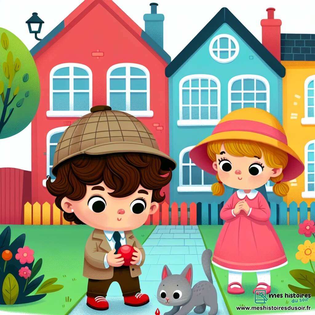 Une illustration sous forme de dessin destinée aux enfants représentant un quartier coloré avec des maisons aux teintes vives, où un petit garçon de 1 an aux cheveux bruns et bouclés, portant un chapeau de détective trop grand pour lui, se tient avec une expression déterminée, tenant une petite balle rouge dans ses mains, tandis qu'à ses côtés, une petite fille de 1 an aux cheveux blonds et lisses, vêtue d'une robe rose, regarde avec émerveillement un petit chat gris qui vient de descendre d'un arbre, symbolisant leur aventure de jeunes détectives résolvant le mystère du chat coincé.