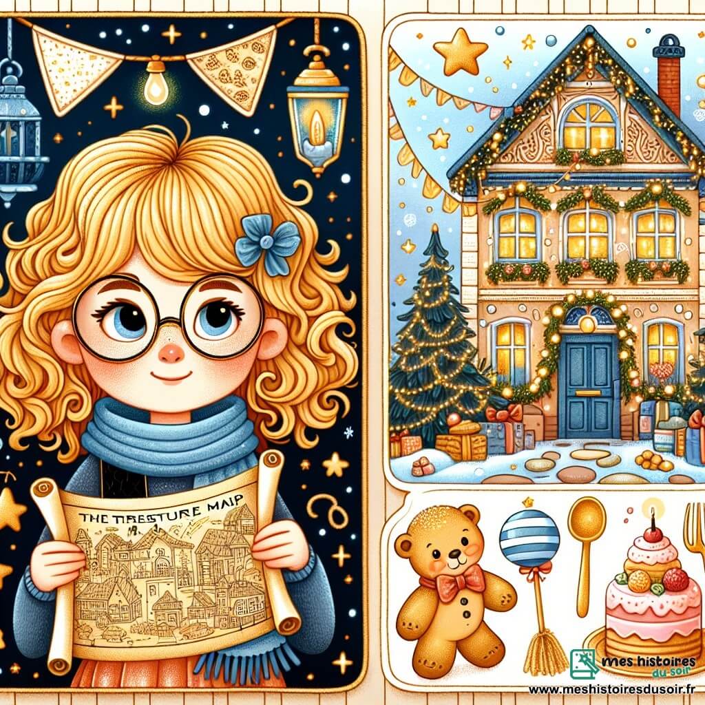 Une illustration destinée aux enfants représentant une fillette aux boucles dorées, une mystérieuse carte de trésor, son cousin Théo aux lunettes rondes, et une maison décorée de guirlandes lumineuses et d'une grande table dressée avec des délices, le tout dans une ambiance festive et joyeuse.