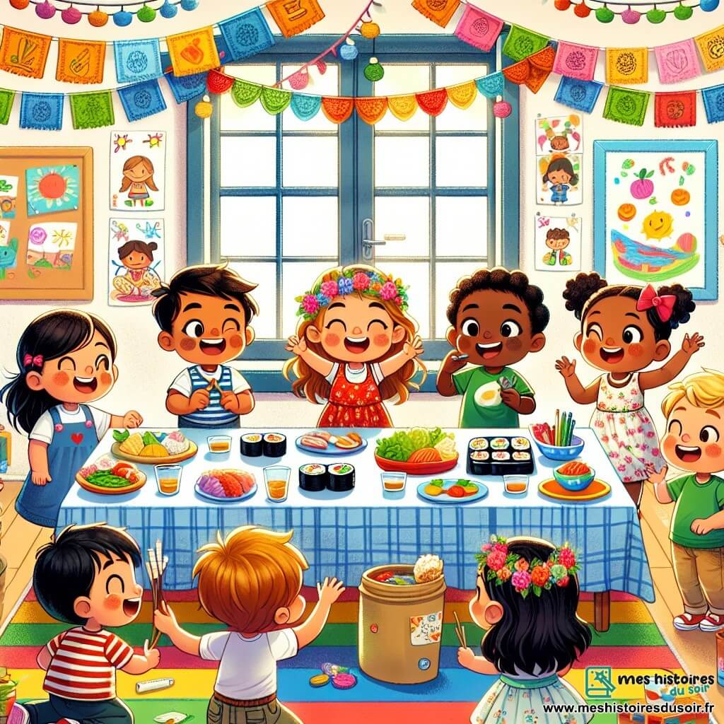 Illustration destinée aux enfants représentant une salle de classe colorée et accueillante, avec des murs décorés de dessins d’enfants et des guirlandes multicolores flottant au plafond. Au centre, un groupe de cinq enfants de 5 ans, tous souriants : une petite fille aux cheveux bouclés et à la peau caramel, portant une robe rouge, raconte une histoire avec enthousiasme ; une autre petite fille aux cheveux lisses et à la peau claire, vêtue d’un gilet bleu, dessine des sushis sur une feuille ; un garçon aux cheveux crépus et à la peau foncée, habillé d’un t-shirt vert, goûte un plat avec émerveillement ; une petite fille aux cheveux blonds et à la peau claire, en robe à fleurs, danse joyeusement ; et enfin, une petite fille aux cheveux bruns et à la peau olive, portant une couronne de fleurs, applaudit avec enthousiasme. La scène dégage une atmosphère de joie et de partage, avec des plats colorés sur une table à côté, symbolisant la diversité culinaire et culturelle.