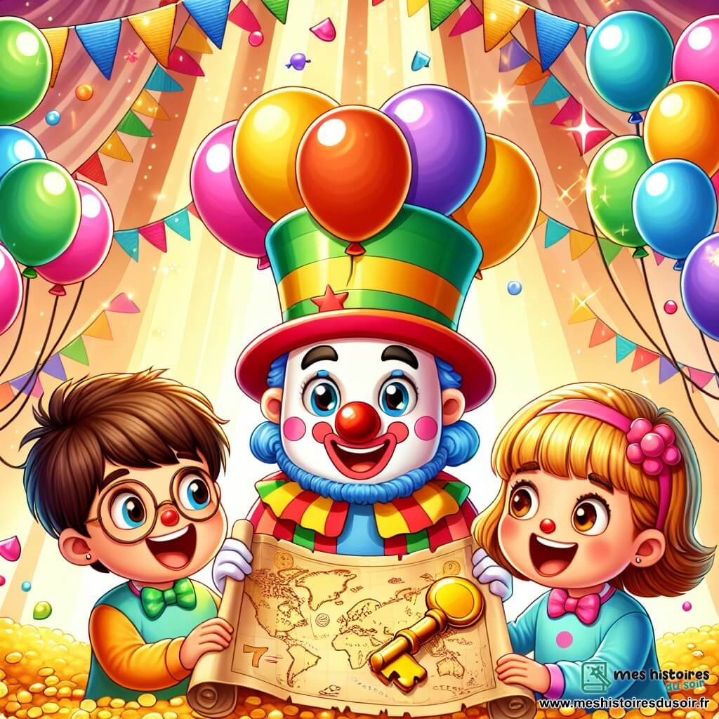 Une illustration sous forme de dessin destinée aux enfants représentant un carnaval coloré avec des ballons flottants et des guirlandes festives, où un groupe de trois enfants de 7 ans, deux garçons aux cheveux bruns et une fille aux cheveux blonds, examine une carte au trésor avec des yeux pétillants d'excitation, tandis qu'un clown souriant avec un nez rouge et un costume multicolore leur tend une clé dorée, le tout baigné dans une lumière joyeuse et enjouée qui évoque l'esprit d'aventure et de mystère.