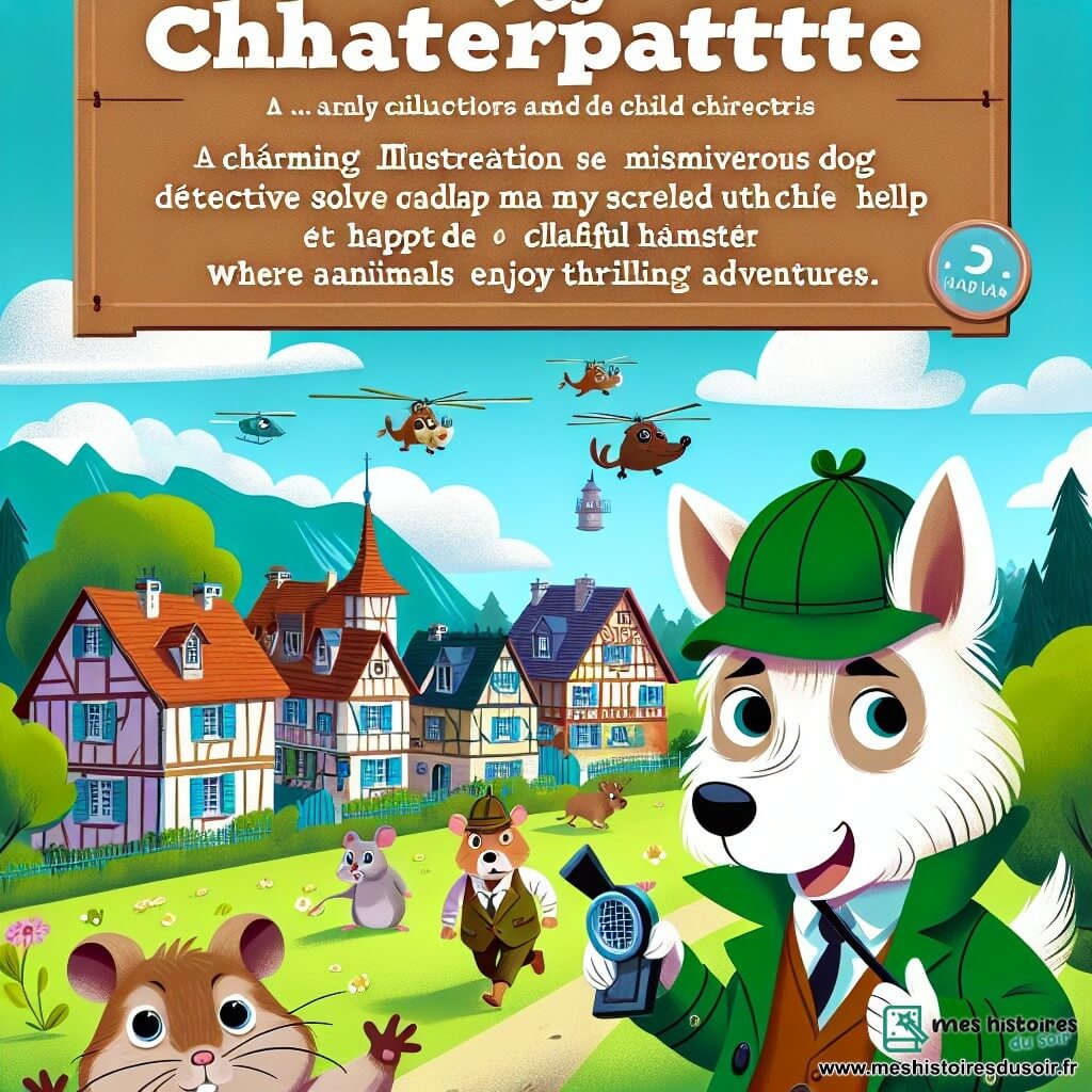 Une illustration destinée aux enfants représentant un chien détective malicieux résolvant des mystères loufoques avec l'aide d'un hamster espiègle, dans le pittoresque village de Châtelpatte, où les animaux vivent des aventures palpitantes.
