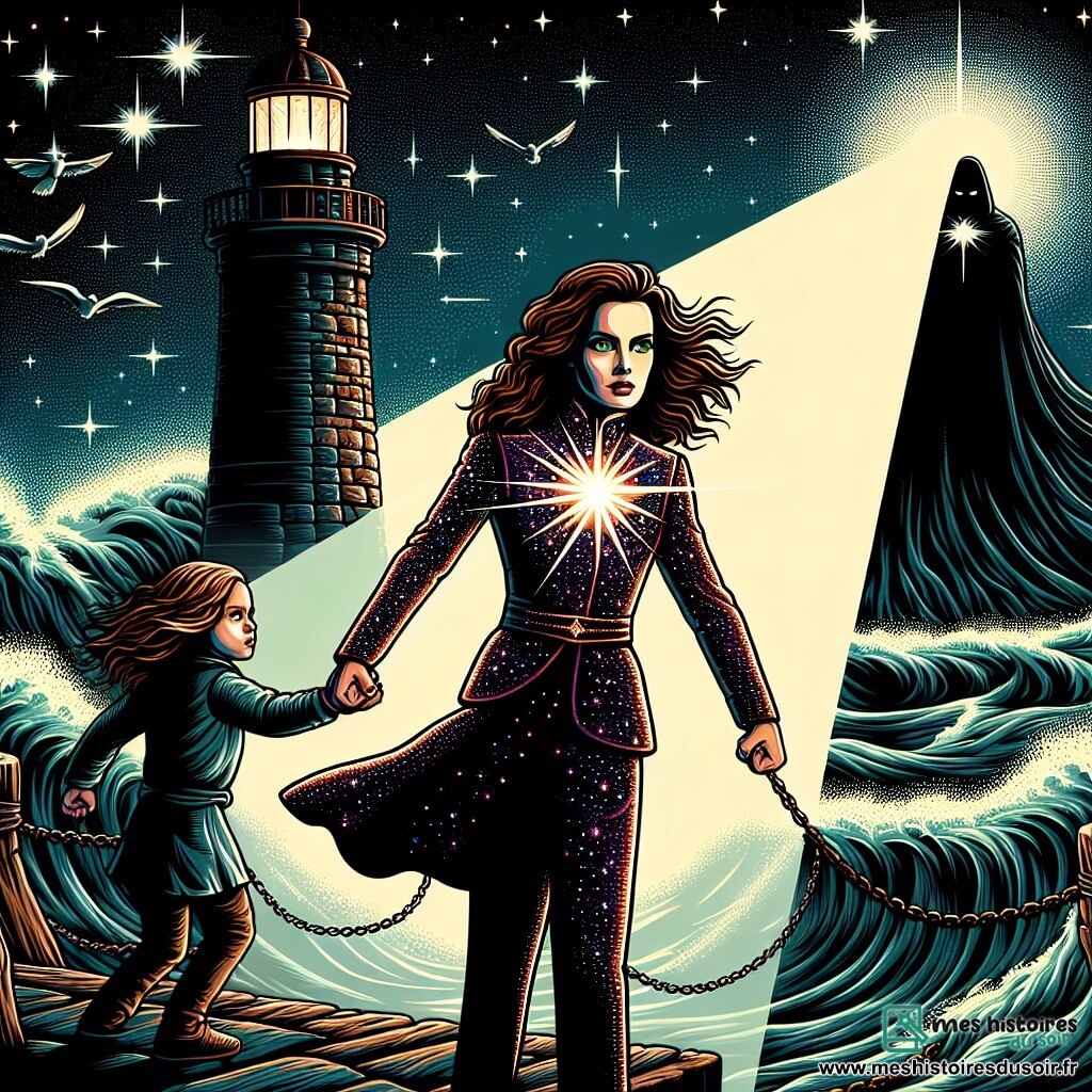 Une illustration sous forme de dessin destinée aux enfants représentant un ancien phare en pierre, entouré de l'océan tumultueux sous un ciel étoilé, où une jeune femme héroïque aux longs cheveux auburn et aux yeux verts, vêtue d'une combinaison scintillante, se tient déterminée, émettant une lumière éclatante pour sauver une petite fille blonde aux yeux bleus, qui est enchaînée à un pilier, tandis qu'une silhouette sombre, le visage caché sous une cape noire, menace de plonger la scène dans l'obscurité, créant une atmosphère de tension et d'espoir.