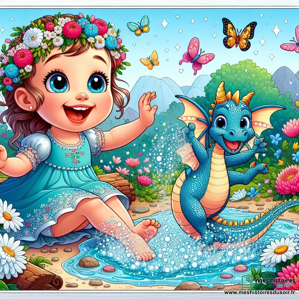 Une illustration sous forme de dessin destinée aux enfants représentant un jardin enchanté rempli de fleurs colorées et de papillons dansants, où une petite fille de 1 an aux grands yeux brillants et au sourire éclatant joue joyeusement dans une rivière étincelante faite de rires et de rêves, accompagnée d'un dragon au cœur tendre avec des écailles brillantes qui danse à ses côtés, illustrant leur amitié naissante et le bonheur d'une aventure magique.