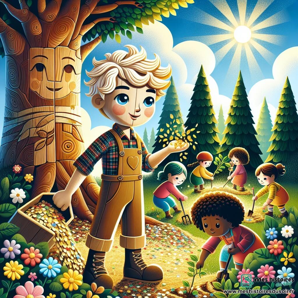 Une illustration sous forme de dessin destinée aux enfants représentant une forêt enchantée aux arbres majestueux et aux fleurs multicolores, où un petit garçon en bois avec un sourire chaleureux et des yeux brillants, vêtu d'une chemise à carreaux et d'un pantalon en toile, plante des graines dorées dans la terre, tandis qu'un groupe d'enfants joyeux, garçons et filles, aux cheveux bouclés et aux vêtements colorés, l'entoure en ramassant des déchets pour protéger la nature, le tout sous un ciel bleu azur illuminé par le soleil, symbolisant l'harmonie entre l'homme et la nature.