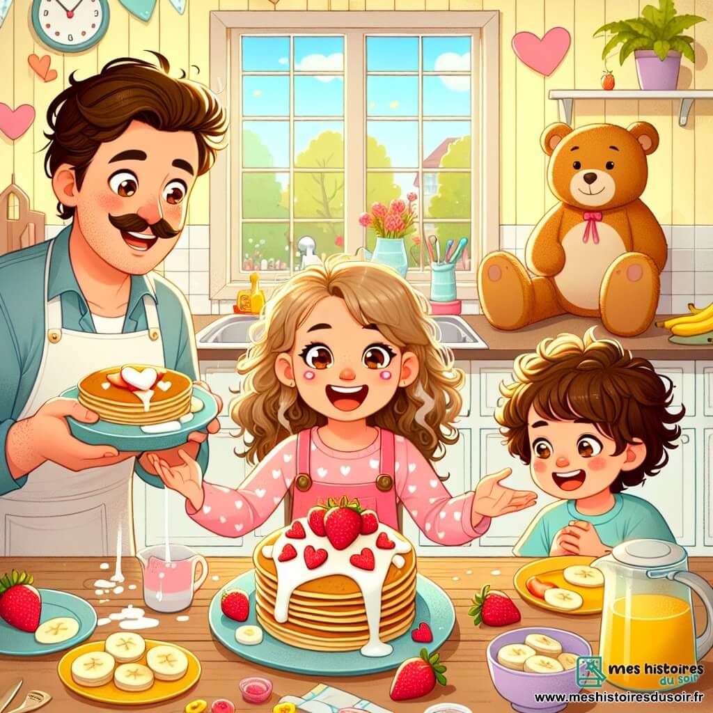 Illustration d'une cuisine lumineuse et accueillante, avec des murs jaune pastel et des fenêtres laissant entrer la lumière. Sur la table en bois, un petit déjeuner est préparé : des pancakes en forme de cœur, garnis de fraises et de bananes, entourés de petites assiettes colorées. Au centre, une petite fille de 7 ans, cheveux bouclés et yeux pétillants, sourit en tenant une grande assiette de pancakes. À côté, un garçon de 4 ans, cheveux châtains, admire sa sœur, caché derrière un gros ours en peluche. La scène montre la petite fille présentant fièrement son petit déjeuner à son papa, un homme d'une trentaine d'années avec une moustache bouclée, surpris et heureux. Des éclaboussures de pâte ajoutent une touche ludique. En arrière-plan, une maman souriante prépare du café, créant une atmosphère familiale joyeuse.