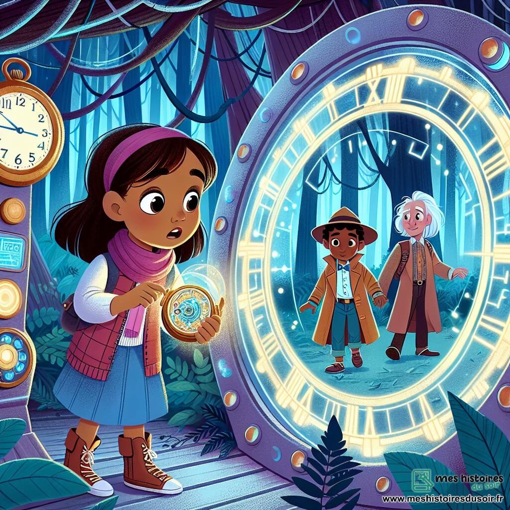 Une illustration destinée aux enfants représentant une fillette curieuse découvrant une montre mystérieuse dans une forêt enchantée, accompagnée de deux voyageurs du temps, une aventurière du 31ème siècle et un jeune explorateur du 18ème siècle, à l'intérieur d'un vaisseau spatial futuriste rempli d'écrans lumineux et de boutons étincelants.