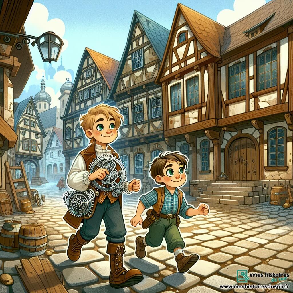 Une illustration destinée aux enfants représentant un jeune garçon passionné par les machines et le mystère du temps, embarqué dans une aventure temporelle aux côtés d'une jeune fille, dans un village médiéval aux maisons en bois et aux ruelles pavées.