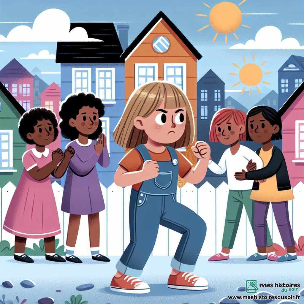 Une illustration destinée aux enfants représentant une fille au courage lumineux, confrontée à la discrimination raciale, soutenue par des amis solidaires, dans un quartier aux maisons colorées et aux voisins distants.