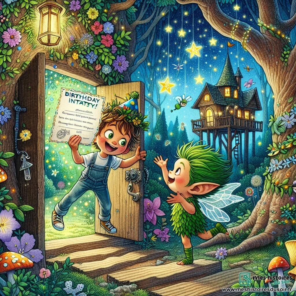 Une illustration destinée aux enfants représentant un garçon énergique découvrant une mystérieuse invitation pour une fête d'anniversaire dans une cabane magique de la forêt enchantée, accompagné d'un lutin farceur aux cheveux verts et au sourire espiègle, entourés d'arbres majestueux, de fleurs colorées, de champignons lumineux et de lucioles dansantes.