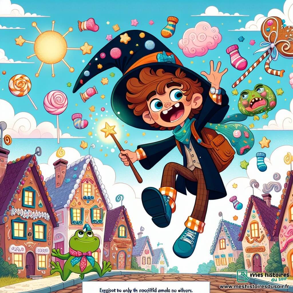 Une illustration sous forme de dessin destinée aux enfants représentant un village enchanteur de Trucabrac, avec des maisons en pain d'épices et des arbres en barbe-à-papa, où un jeune apprenti sorcier aux cheveux en bataille et au grand chapeau trop large, tenant une baguette magique, s'amuse à faire danser des chaussettes colorées qui virevoltent joyeusement autour de lui, tandis qu'un crapaud dodu au sourire espiègle, portant un chapeau melon, saute à ses côtés, le tout sous un ciel ensoleillé parsemé de nuages en forme de bonbons.