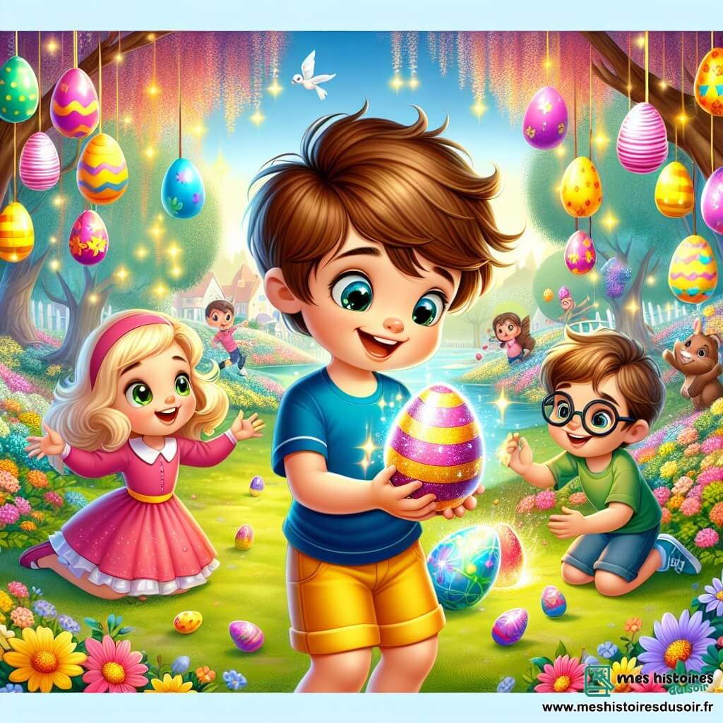 Une illustration sous forme de dessin destinée aux enfants représentant un parc coloré en pleine fête de Pâques, avec des fleurs éclatantes et des œufs décorés suspendus dans les arbres, où un garçon de 5 ans aux cheveux bruns et aux yeux pétillants, vêtu d'un t-shirt bleu et d'un short jaune, tient un œuf magique scintillant dans ses mains, entouré de deux amis : une petite fille aux cheveux blonds en robe rose qui sourit joyeusement et un garçon aux lunettes et t-shirt vert qui s'agenouille pour ramasser des œufs en chocolat tombés du ciel, le tout dans une ambiance festive et enjouée, pleine de rires et de magie.