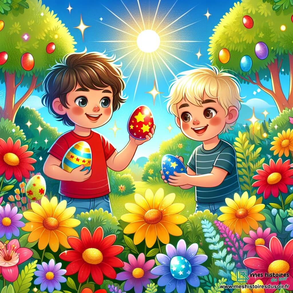 Illustration d'un jardin ensoleillé, rempli de fleurs colorées aux pétales éclatants de rouge, jaune et violet. Au centre, deux jeunes garçons, l'un de 7 ans avec des cheveux bruns en bataille et un t-shirt rouge, l'autre de 6 ans avec des cheveux blonds et un t-shirt bleu, cachent des œufs en plastique décorés. Le premier garçon tient un œuf rouge brillant, tandis que le second rit en plaçant un œuf bleu avec des étoiles derrière un buisson. En arrière-plan, des arbres verdoyants et un ciel bleu clair ajoutent une touche de magie à la scène. Des paillettes scintillent autour d'eux, et des rires joyeux flottent dans l'air, créant une atmosphère festive.