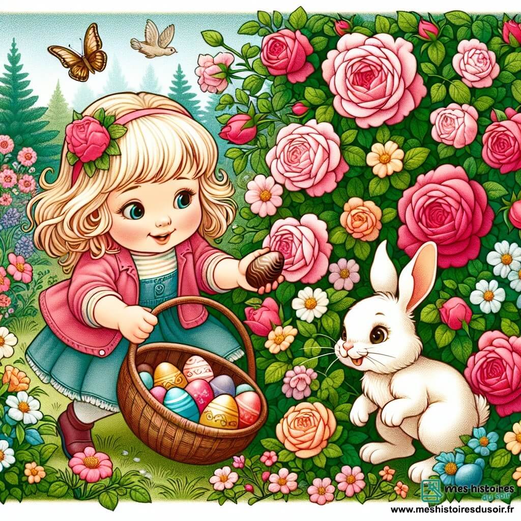Une illustration destinée aux enfants représentant une fille curieuse et pleine de vie cherchant des œufs en chocolat dans un jardin fleuri, accompagnée d'un lapin blanc farceur, le tout se déroulant sous un grand rosier aux fleurs multicolores.