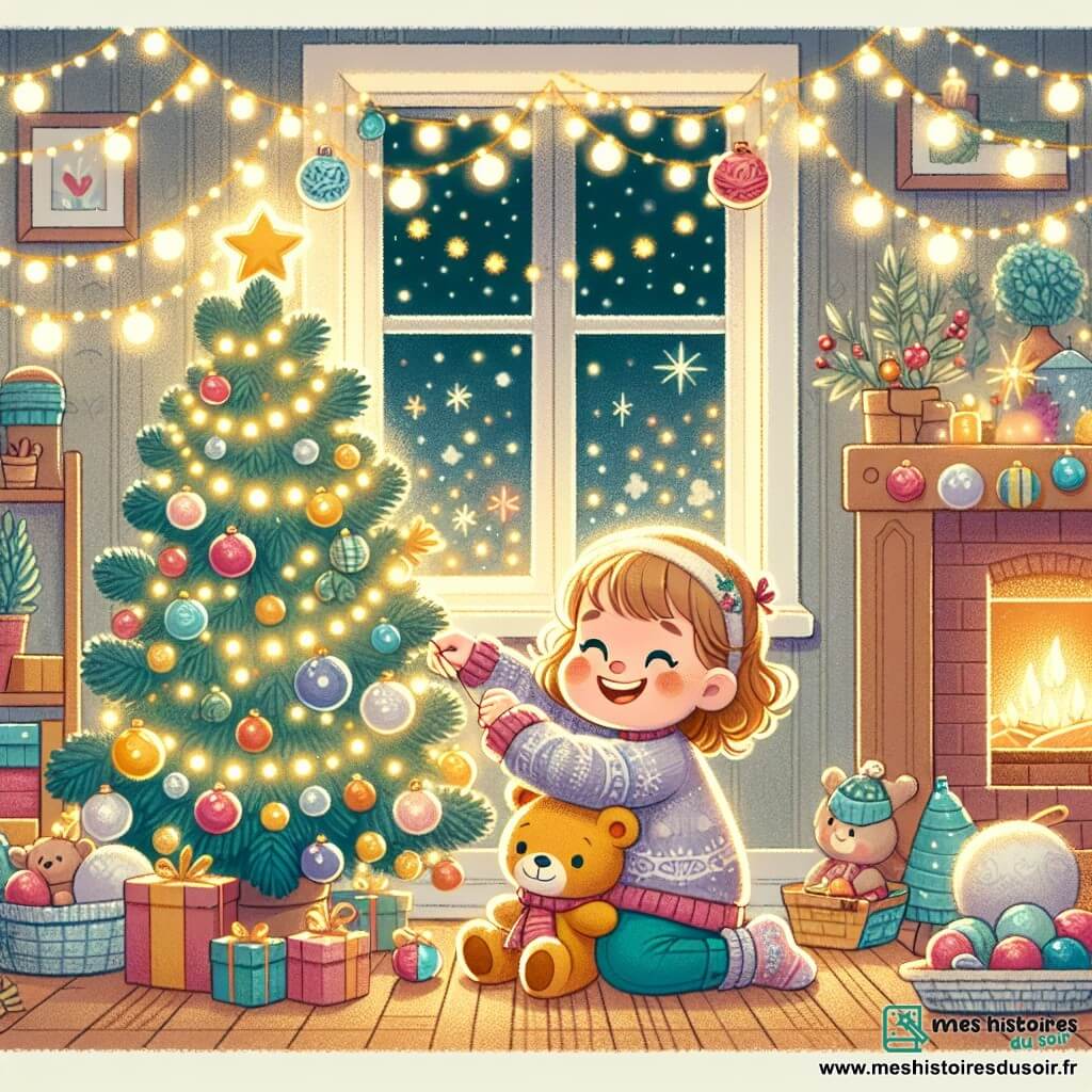 Une illustration destinée aux enfants représentant une fillette joyeuse décorant un sapin de Noël avec son ami en peluche dans une maison chaleureuse illuminée de guirlandes scintillantes et de boules colorées.