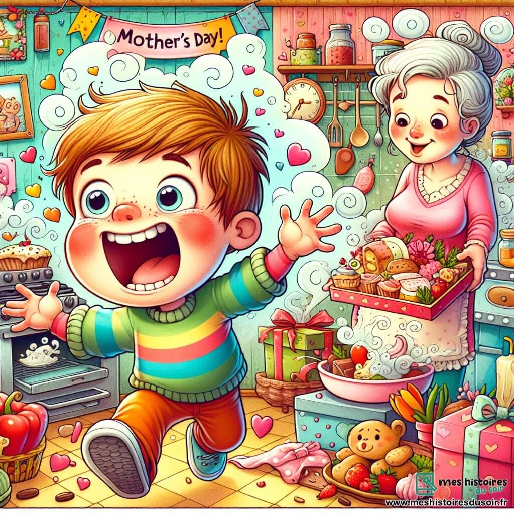 Une illustration destinée aux enfants représentant un petit garçon plein d'excitation le jour de la fête des mères, cherchant désespérément un cadeau pour sa maman, accompagné de sa maman aimante, dans une cuisine chaleureuse et colorée remplie de délicieuses odeurs.