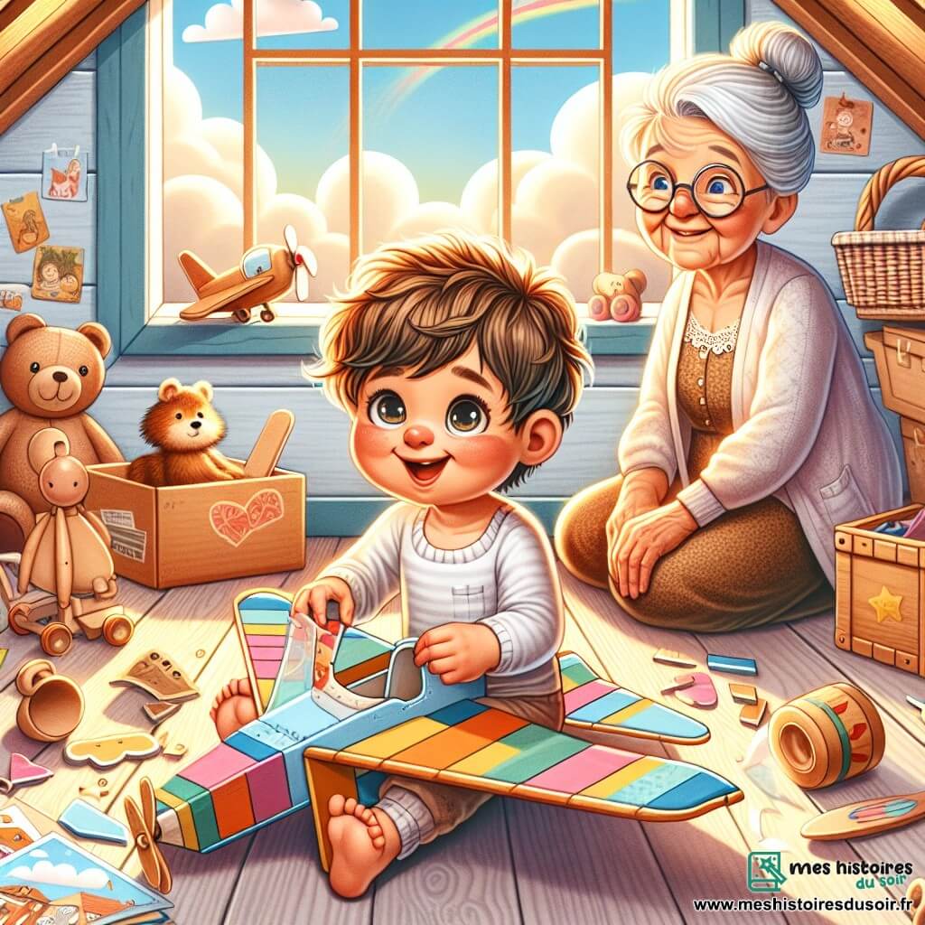 Illustration d'un grenier lumineux et coloré, rempli de vieux jouets, de livres poussiéreux et de rayons de soleil filtrant à travers une fenêtre. Au centre, un petit garçon d'un an, avec des cheveux bruns en désordre et des yeux pétillants de curiosité, est assis par terre, entouré de pièces d'un avion en carton. Il sourit largement, tenant une aile colorée, prêt à assembler son jouet. À ses côtés, une mamie d'environ 70 ans, avec des cheveux gris en chignon et des lunettes rondes, l'observe avec tendresse, un sourire chaleureux. La scène montre le garçon concentré, imaginant son vol, tandis que des jouets en bois et des peluches sont éparpillés autour de lui, ajoutant une touche de magie. Des nuages et un arc-en-ciel sont visibles à travers la fenêtre, symbolisant l'aventure qui attend le petit aventurier.