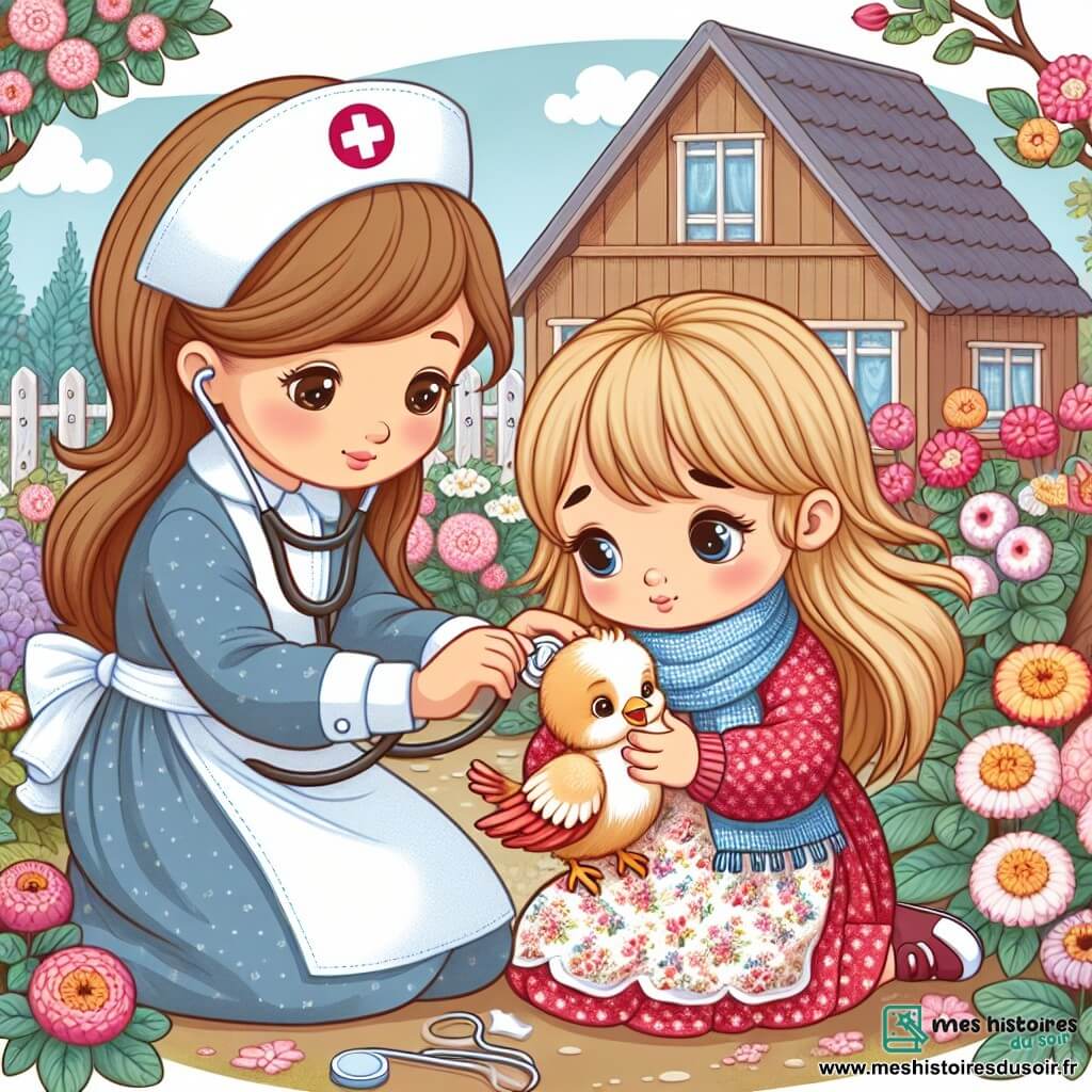 Une illustration destinée aux enfants représentant une petite fille tendrement occupée à soigner un petit oiseau malade dans le jardin fleuri de sa maison, sous le regard bienveillant de sa maman infirmière.