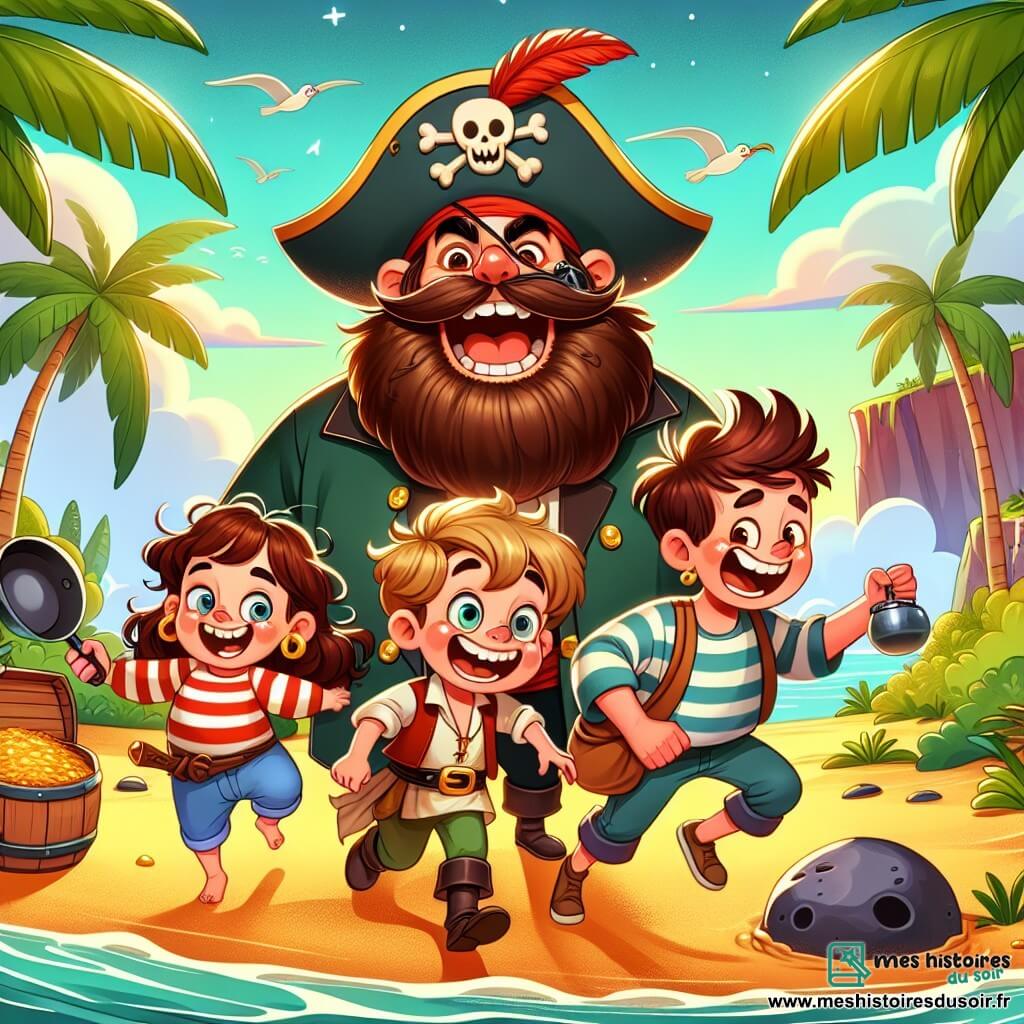 Une illustration sous forme de dessin destinée aux enfants représentant une île mystérieuse aux palmiers verdoyants et à la plage dorée, avec un homme au chapeau de pirate orné d'une plume rouge et à la grande barbe brune, souriant et tenant une carte au trésor, entouré de trois personnages secondaires : un garçon au visage espiègle et aux cheveux en bataille, sautant joyeusement, une fille aux cheveux longs et bouclés, portant un tablier de cuisine et tenant une poêle, et un grand homme au cœur tendre, riant tout en évitant une pierre qui roule, alors qu'ils découvrent ensemble le chemin vers un trésor légendaire caché dans une grotte.