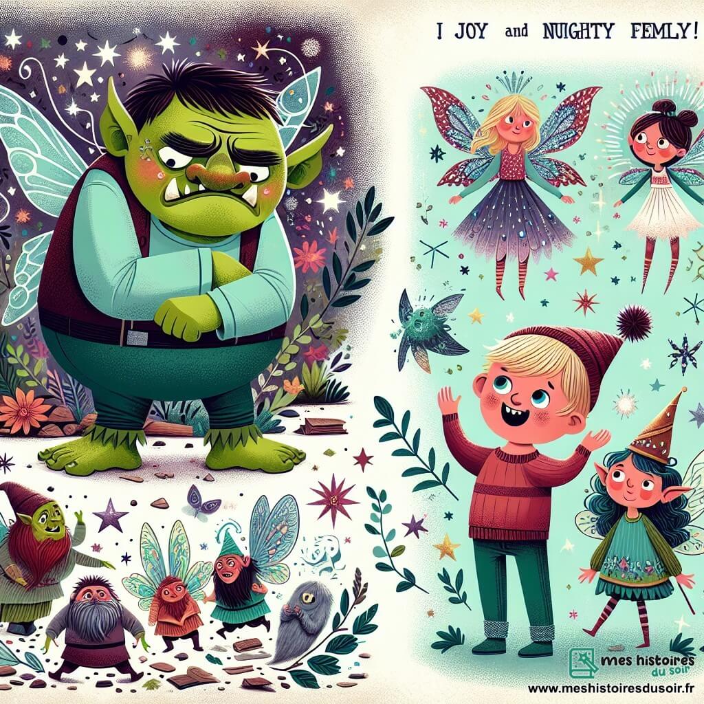 Une illustration destinée aux enfants représentant un ogre maladroit, un garçon curieux et un univers fantastique peuplé de fées aux ailes scintillantes et de lutins espiègles, où règne la joie et la bonne humeur.