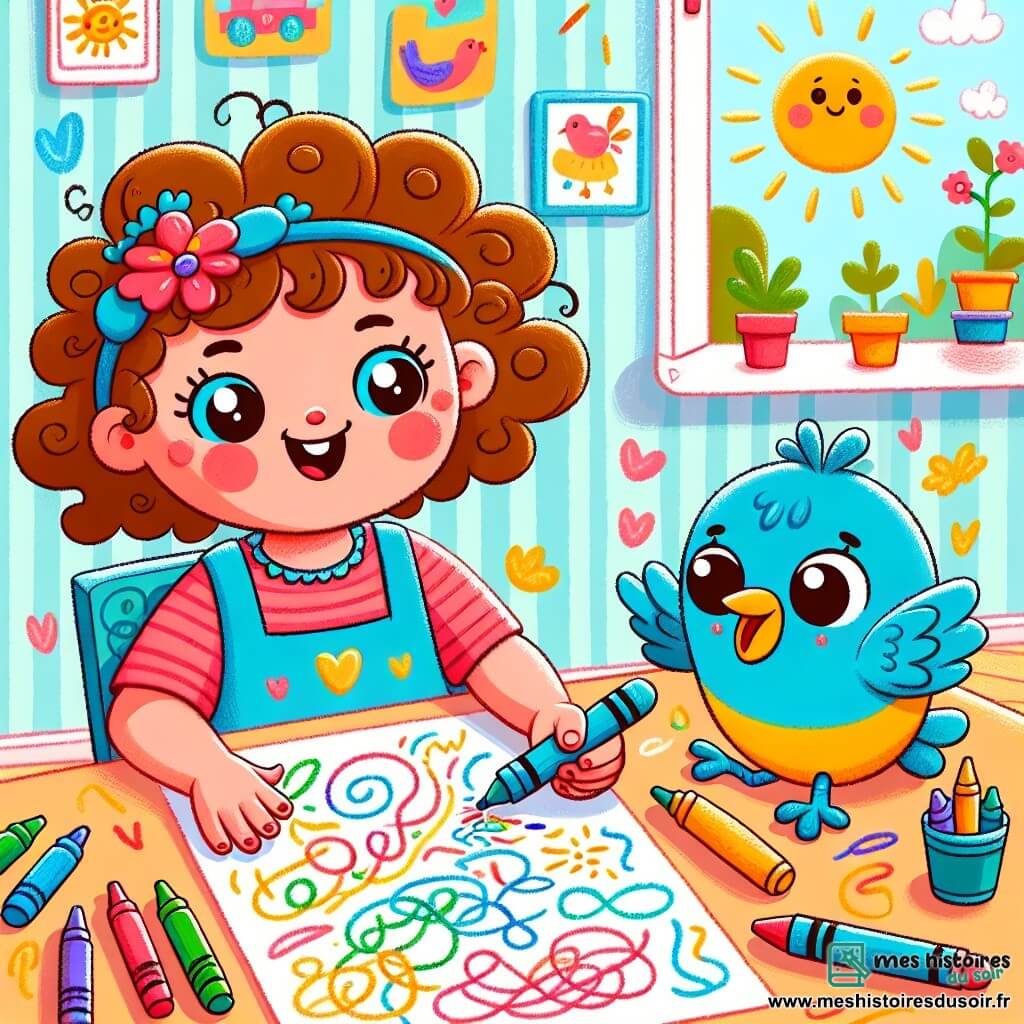 Une illustration sous forme de dessin destinée aux enfants représentant une chambre colorée et ensoleillée, avec des murs ornés de dessins d'animaux et de fleurs, où une petite fille de 1 an aux cheveux bouclés et aux yeux pétillants est assise à une table, tenant un crayon dans sa main, entourée de gribouillis colorés sur une feuille, tandis qu'un petit oiseau bleu aux plumes brillantes se tient à côté d'elle, essayant de dessiner avec son bec, le tout dans une atmosphère joyeuse et ludique, illustrant leur moment de création artistique ensemble.