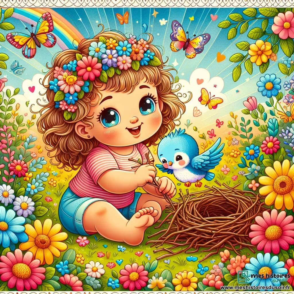 Une illustration sous forme de dessin destinée aux enfants représentant un jardin coloré rempli de fleurs éclatantes, avec une petite fille de 1 an aux cheveux bouclés et aux yeux pétillants, souriante et agenouillée, tenant des brindilles dans ses petites mains, tandis qu'un petit oiseau bleu aux plumes brillantes vole autour d'elle, chantant joyeusement, alors qu'ils travaillent ensemble pour reconstruire un nid tombé, entourés de papillons et de rayons de soleil illuminant la scène.