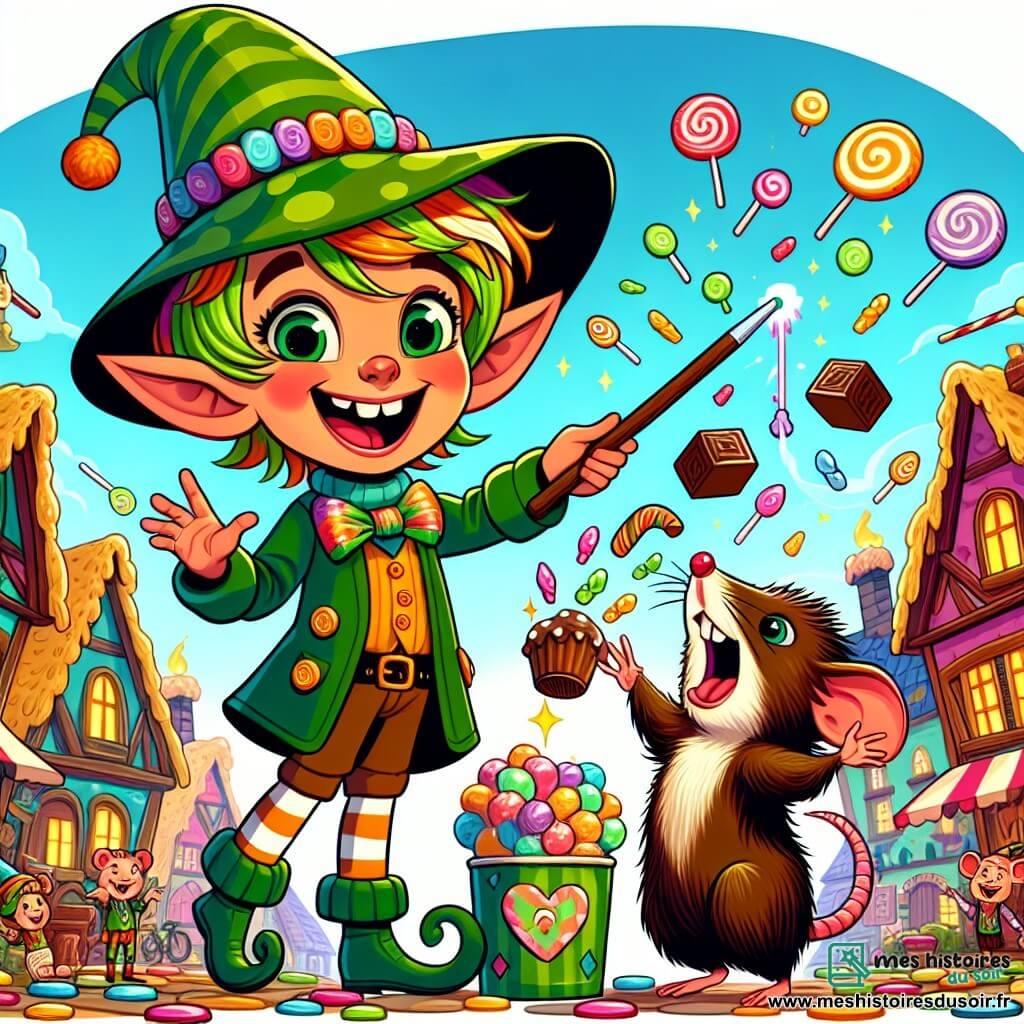 Une illustration sous forme de dessin destinée aux enfants représentant une place colorée du village de Bric-à-Brac, avec des maisons en bonbons et des arbres en guimauve, où un petit elfe garçon aux grandes oreilles pointues et aux cheveux verts éclatants, vêtu d'un chapeau pointu trop grand, s'amuse à faire des tours de magie en agitant une baguette en chocolat, tandis qu'un petit rat au pelage soyeux, son ami et assistant, rit aux éclats en mimant un monstre en papier qui éclabousse les villageois de gâteaux tombés du ciel, créant une atmosphère joyeuse et pleine de rires.