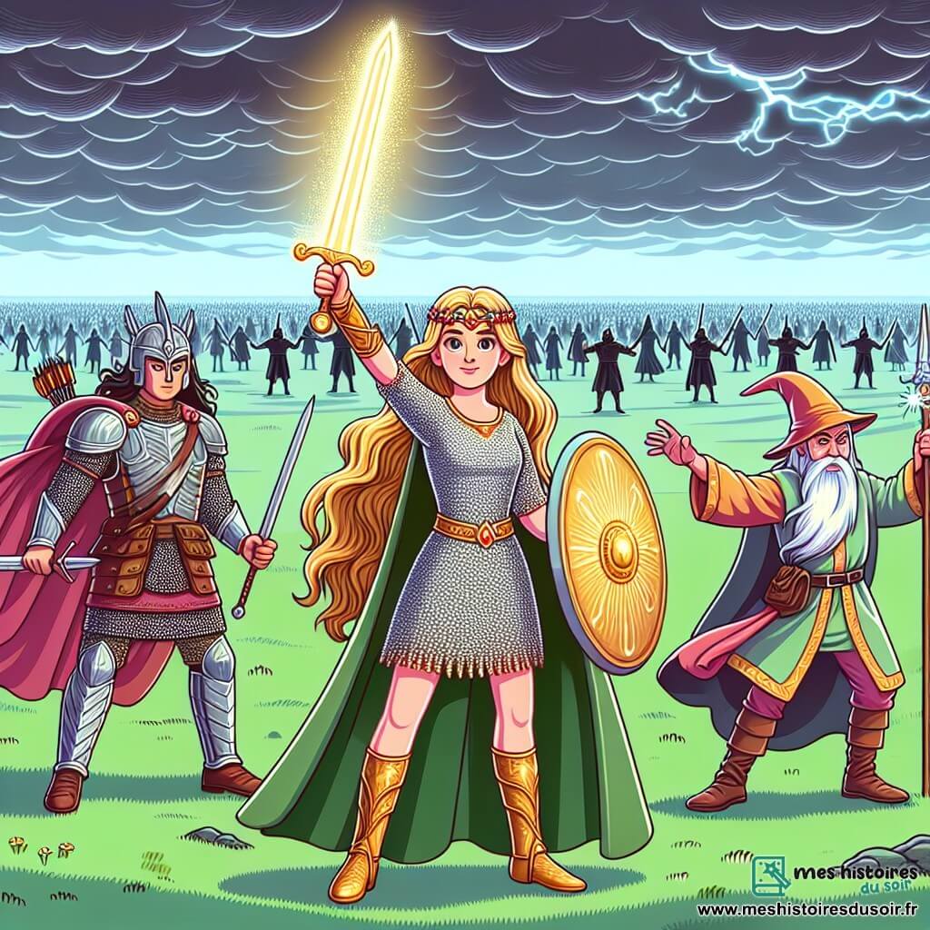 Une illustration sous forme de dessin destinée aux enfants représentant une vaste plaine verdoyante sous un ciel orageux, avec une jeune femme aux cheveux longs et dorés, portant une armure étincelante et brandissant une épée lumineuse, se tenant fièrement au centre, tandis qu'à ses côtés, une guerrière aux cheveux bruns, vêtue de cuir, tire une flèche avec précision, et un magicien aux robes colorées, les yeux brillants de magie, lève les mains pour conjurer un sort, alors qu'une armée d'ombres menaçantes se profile à l'horizon, symbolisant la lutte héroïque pour la liberté.