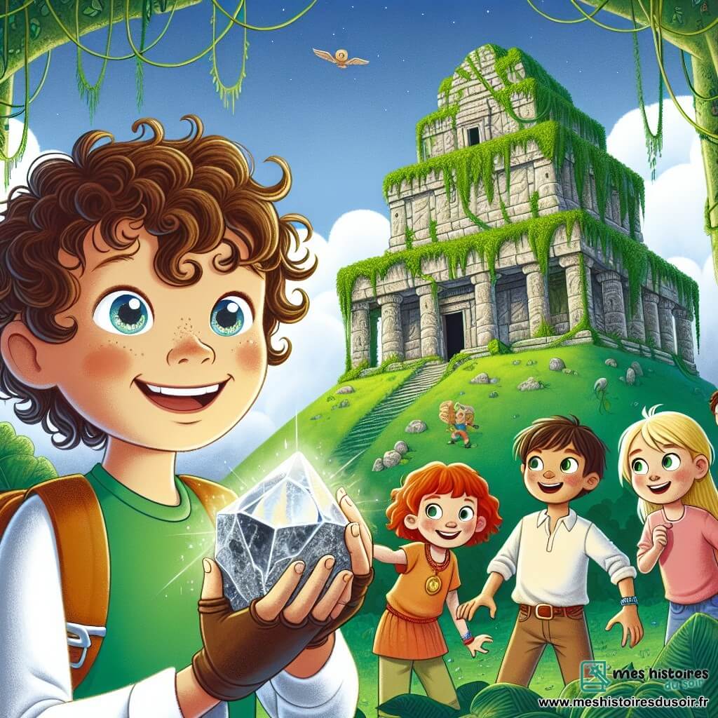 Une illustration sous forme de dessin destinée aux enfants représentant un temple ancien recouvert de lianes et de mousse, situé au sommet d'une colline verdoyante, avec un garçon de 5 ans aux cheveux bouclés et aux yeux pétillants, tenant une pierre brillante dans ses mains, entouré de trois enfants : une fille aux cheveux roux qui sourit, un garçon blond qui pointe du doigt le temple, et une autre fille aux cheveux bruns qui regarde avec curiosité, tous ensemble dans une ambiance d'aventure, alors qu'ils se préparent à entrer dans le temple pour découvrir les mystères du temps.