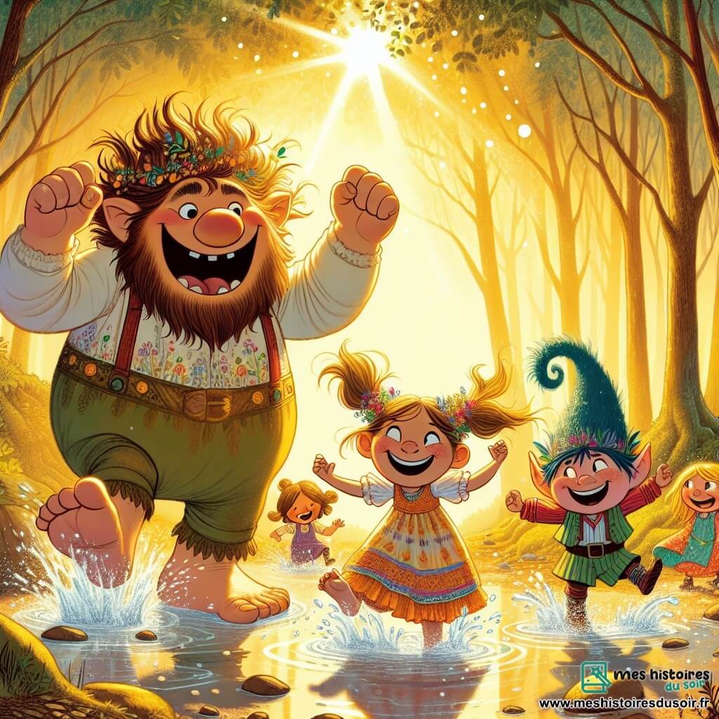 Une illustration sous forme de dessin destinée aux enfants représentant une forêt enchantée baignée de lumière dorée, où un grand géant aux cheveux ébouriffés et au sourire chaleureux danse joyeusement autour d'une flaque d'eau, éclaboussant des enfants aux visages rieurs, une fillette aux cheveux blonds et une autre aux cheveux bruns, qui sautent dans les gouttes d'eau tout en riant, tandis qu'un petit troll bleu, vêtu d'une robe colorée et d'un chapeau à plumes trop grand, se relève d'une chute comique, le tout créant une atmosphère de joie et d'amitié.