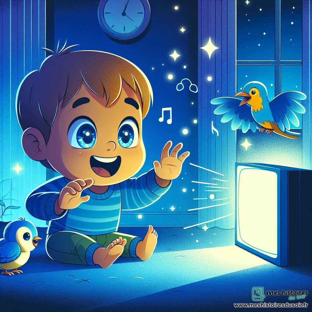 Une illustration destinée aux enfants représentant un garçon curieux et énergique, captivé par des écrans lumineux, observé par un oiseau chanteur, dans une chambre illuminée par la lueur bleue des écrans.