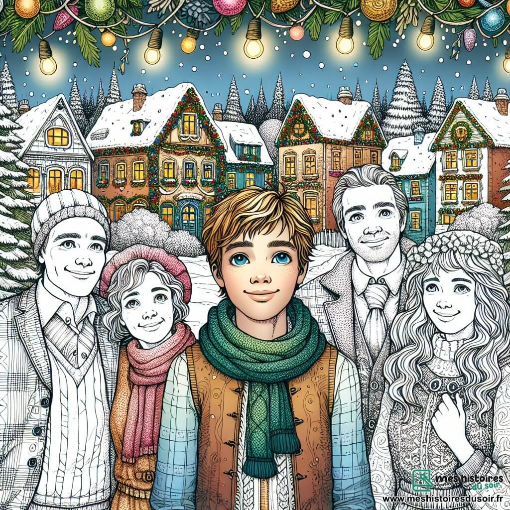 Une illustration destinée aux enfants représentant un garçon aux yeux pétillants, entouré de sa famille, dans un village enneigé aux maisons décorées de guirlandes scintillantes et de sapins parfumés.