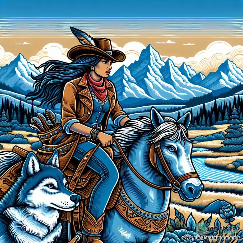 Une illustration destinée aux enfants représentant une cow-girl audacieuse, chevauchant à travers les vastes plaines de l'Ouest américain, accompagnée d'un loup loyal, à la recherche d'un trésor caché dans les majestueuses montagnes Rocheuses, avec en toile de fond un ciel d'un bleu éclatant et des paysages sauvages à perte de vue.