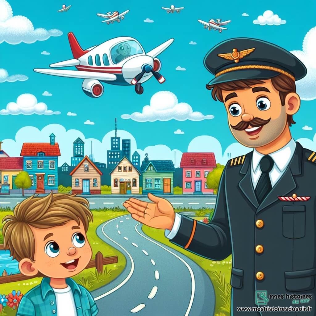 Une illustration destinée aux enfants représentant un jeune homme passionné par les avions rencontrant un pilote mystérieux, dans une petite ville aux maisons colorées en bordure de l'aéroport, sous un ciel bleu parsemé de nuages cotonneux.