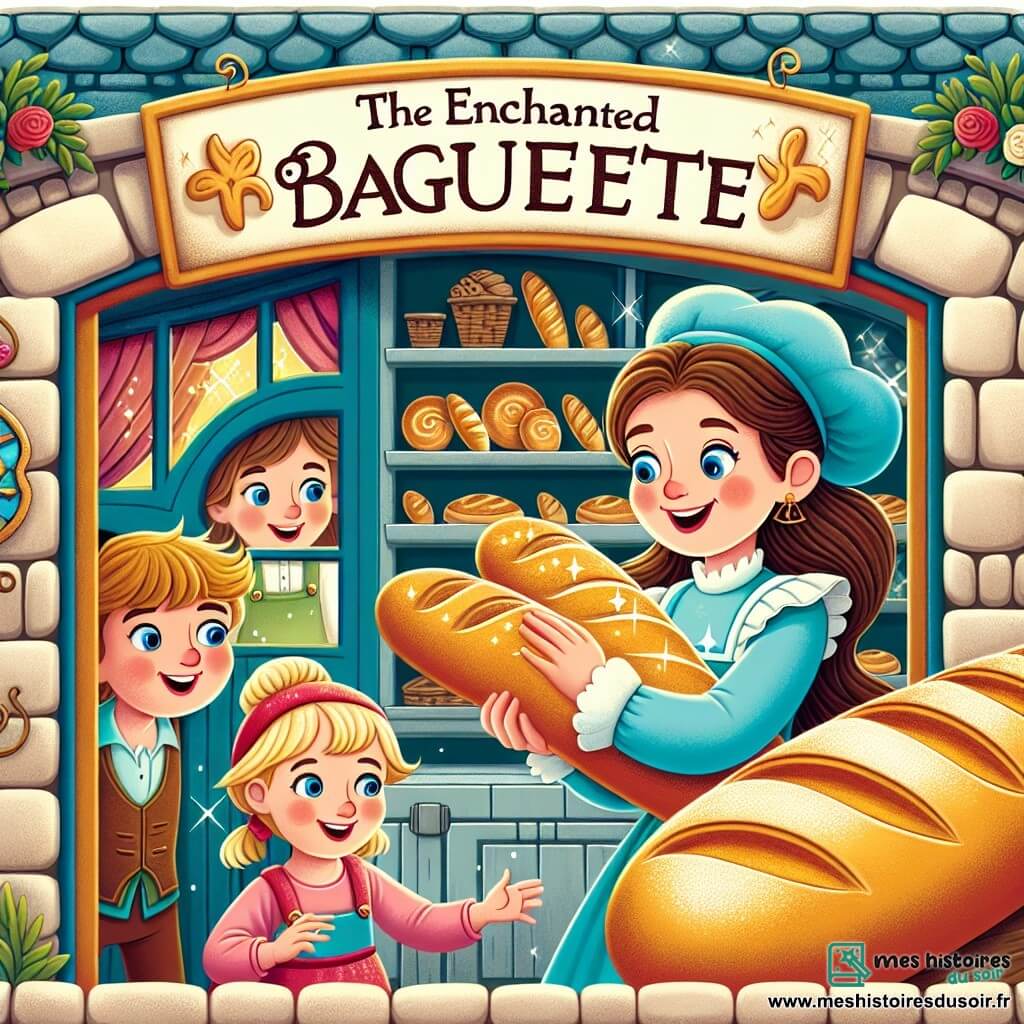 Une illustration destinée aux enfants représentant une femme boulangère souriante, un garçon curieux et une fille pleine d'énergie, dans une boulangerie "La Baguette Enchantée" aux murs en pierre, aux fenêtres ornées de rideaux colorés et à la porte surmontée d'une clochette joyeuse, où des petits pains en forme d'étoiles brillent doucement.