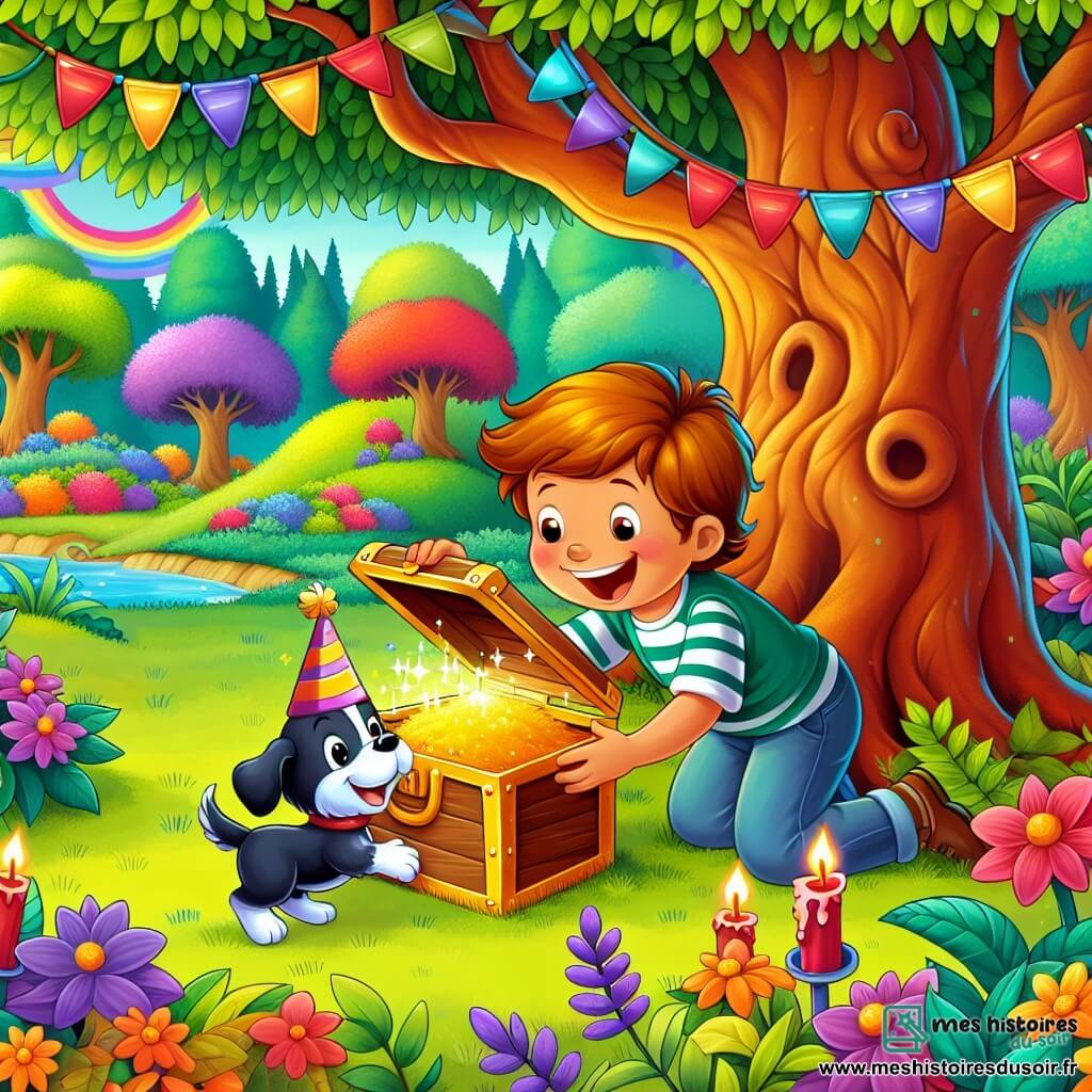 Une illustration destinée aux enfants représentant un garçon plein de joie le jour de son anniversaire, accompagné de son fidèle chiot, découvrant un trésor caché sous un arbre majestueux dans un jardin enchanté aux couleurs éclatantes.